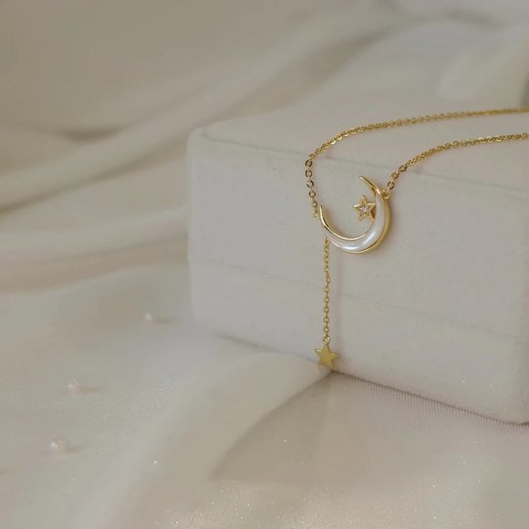 NEW Gold/925 Sterling Silver Moon Star Necklace A - Picture 7 of 7